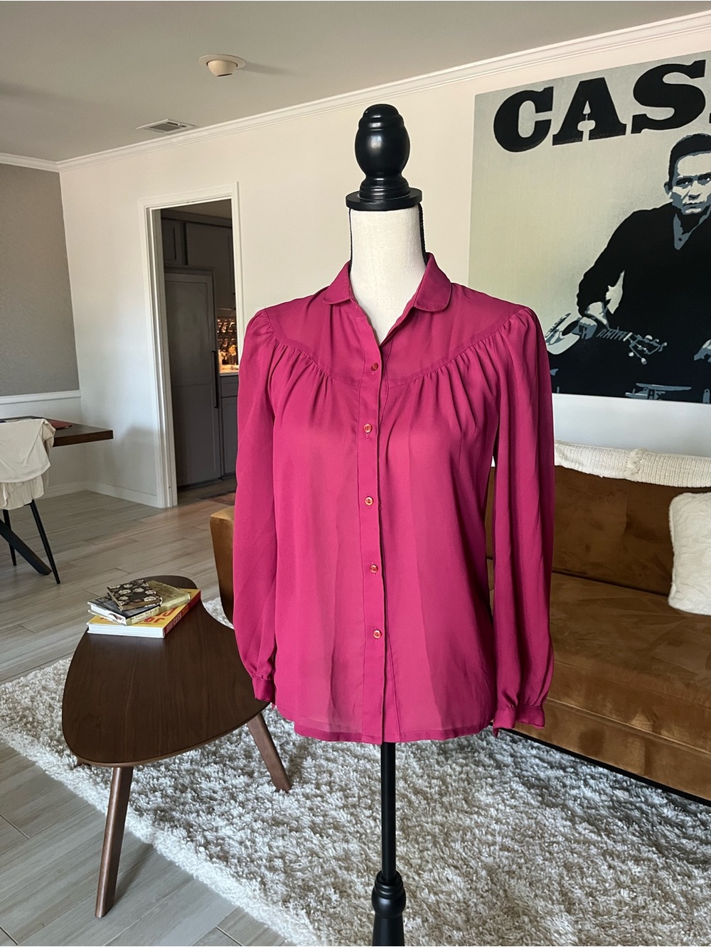 Vintage Long-Sleeve Button Front Blouse in Deep Pink